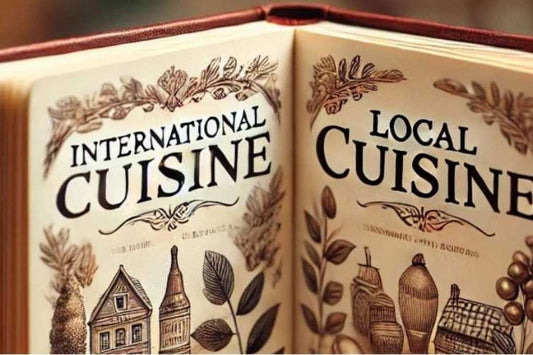 An open cookbook comparing international and local cuisine, featuring vibrant dishes like spiced chicken and vegetable stew, highlighting global and regional flavors