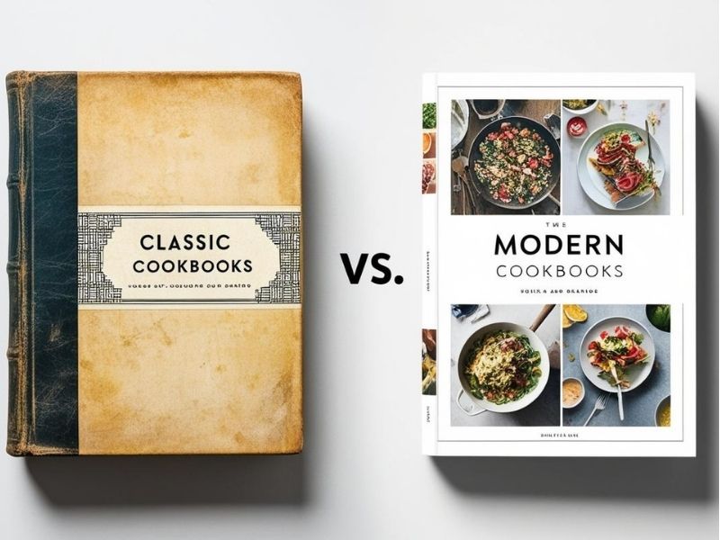 Classic vs. Modern Cookbooks comparison. Vintage cookbook with a worn cover representing traditional recipes, alongside a sleek modern cookbook featuring vibrant food photography and contemporary cooking techniques.