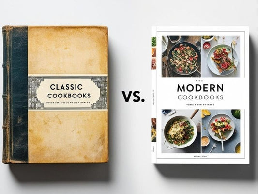 Classic vs. Modern Cookbooks comparison. Vintage cookbook with a worn cover representing traditional recipes, alongside a sleek modern cookbook featuring vibrant food photography and contemporary cooking techniques.