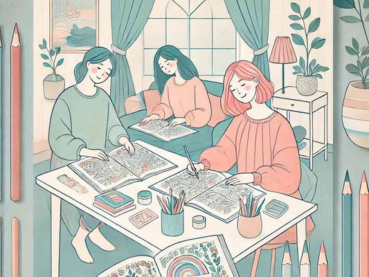 A serene and calming scene of people coloring together as a mindfulness activity, featuring pastel-toned coloring books, art supplies like colored pencils and markers, and a cozy indoor setting.