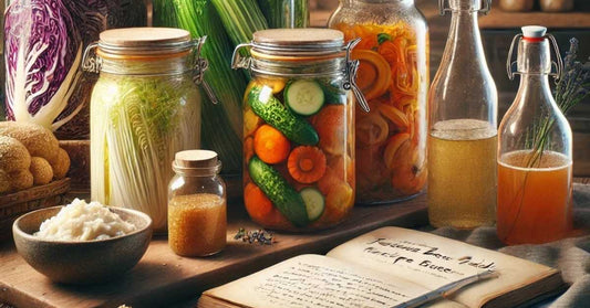 A stylish wooden kitchen counter with various fermentation jars filled with colorful vegetables, kombucha bottles, and a handwritten recipe book – perfect for a fermentation recipe guide.