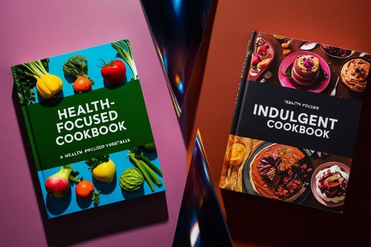 Health-focused vs. indulgent cookbook comparison. One book features fresh vegetables for healthy eating, while the other showcases rich desserts. A visual contrast between nutrition and indulgence.