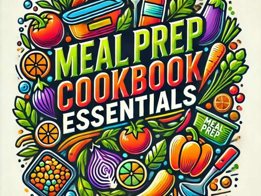 "Colorful illustration of fresh vegetables, meal prep containers, and the title 'Meal Prep Cookbook Essentials' highlighting meal planning and healthy eating