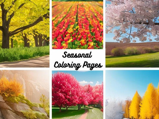 Colorful seasonal coloring pages showcasing designs inspired by spring flowers, summer beaches, autumn leaves, and winter snowflakes, perfect for creative fun and relaxation.