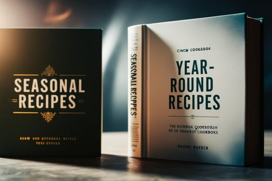 Two cookbooks standing upright on a table: 'Seasonal Recipes' with a dark cover, and 'Year-Round Recipes' with a light cover. A comparison of seasonal and year-round cooking styles, perfect for home chefs looking for inspiration