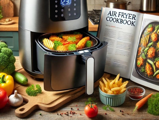 Surrounding the air fryer are fresh vegetables, herbs, and spices. In the background, an open cookbook titled 'Air Fryer Cookbook' is displayed, emphasizing healthy and delicious air fryer recipes."