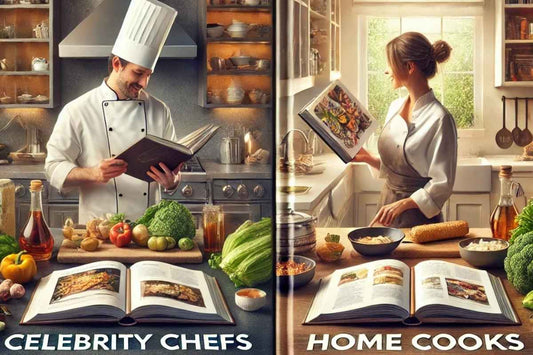 Realistic split-screen image of celebrity chef vs. home cook cookbooks. Left: professional kitchen with gourmet ingredients. Right: cozy home kitchen with practical recipes. Highlights accessibility and practicality in cooking.