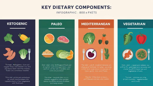 Healthy living guide image comparing four popular diet types – ketogenic diet, paleo diet, Mediterranean diet, and vegetarian diet