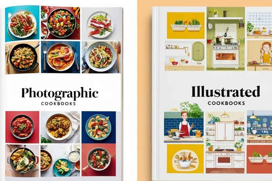 Photographic vs Illustrated Cookbooks: A side-by-side comparison of a real food photo and its illustrated version.