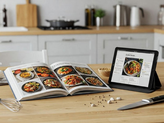 Printed cookbook with fresh ingredients vs. digital cookbook on tablet in a bright, modern kitchen, showcasing traditional and digital cooking styles