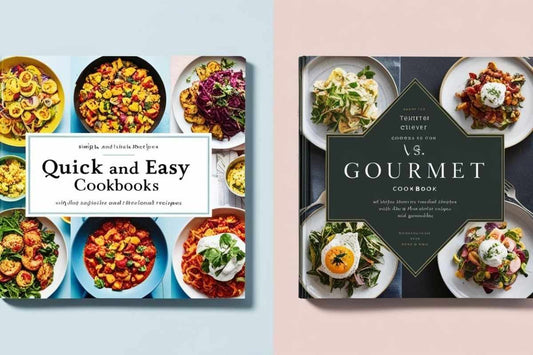 Comparison of quick and easy cookbooks versus gourmet cookbooks, showing time-saving recipes and elaborate culinary creations side by side