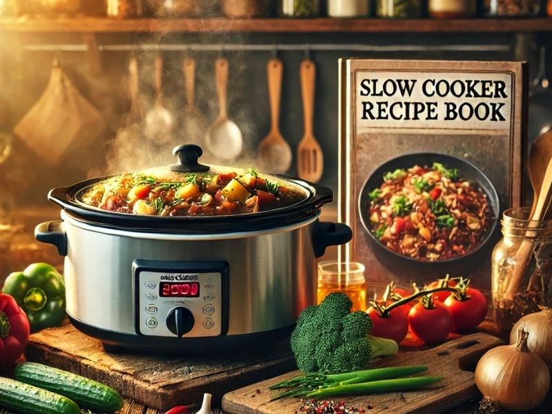 A rustic kitchen countertop featuring a steaming slow cooker surrounded by fresh vegetables, herbs, and spices. In the background, an open cookbook titled 'Slow Cooker Recipe Book' is displayed, creating a warm and inviting kitchen atmosphere