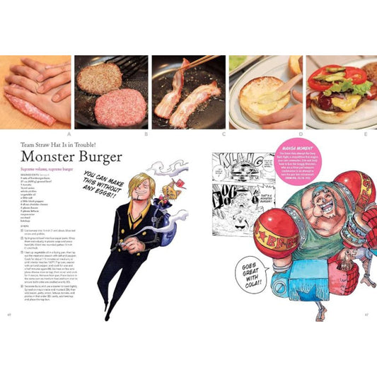 One Piece cookbook interior pages with Straw Hat crew recipes